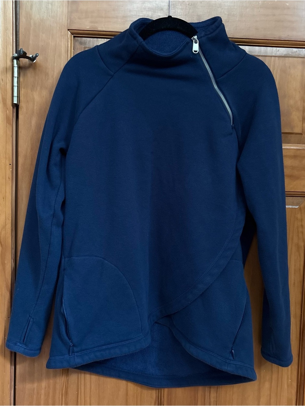 Athleta Cozy Karma Asymmetric Zip Fleece Pullover Sweatshirt Navy Blue M